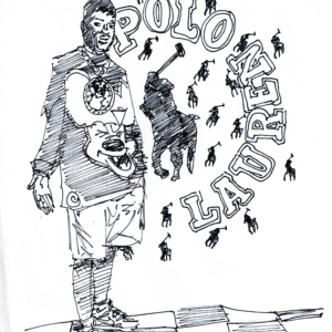 Drawing by DIVINO of a standing figure beside POLO LAUREN lettering and polo riders, above a checkerboard floor.