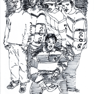 UNTITLED 003 by DIVINO: black line drawing of five figures, four standing behind one seated figure, wearing graphic clothing and baseball caps.