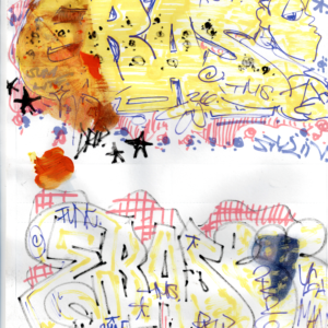 UNTITLED 002 by DIVINO: layered yellow lettering, blue outlines, pink marks, black stars, and a cap-wearing profile on paper.